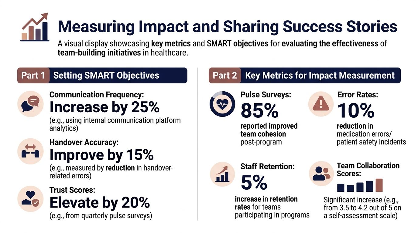 An infographic showing SMART objectives and key metrics for evaluating healthcare team-building initiatives and their success.