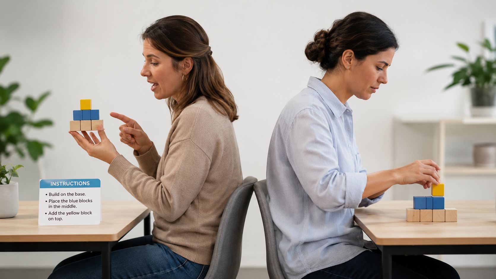 Two women seated back-to-back working on a team building exercise with colorful wooden blocks.