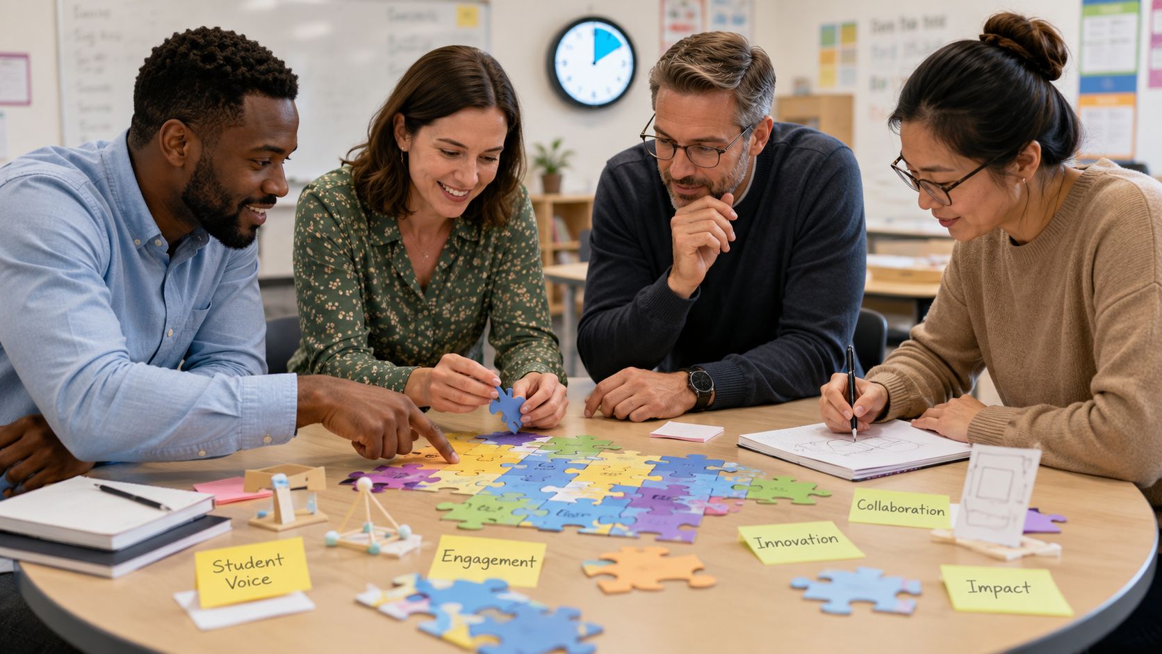 A diverse group of teachers sitting at a table collaborating on a colorful jigsaw puzzle in classroom.