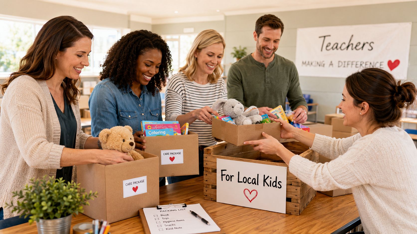A diverse group of cheerful volunteers packing care packages for local children in a bright classroom.