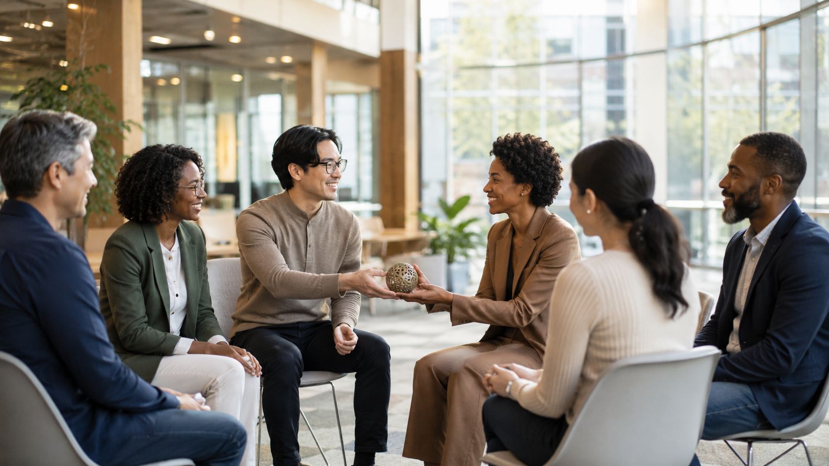 A diverse team of professionals sitting in a circle during a collaborative team building office session.