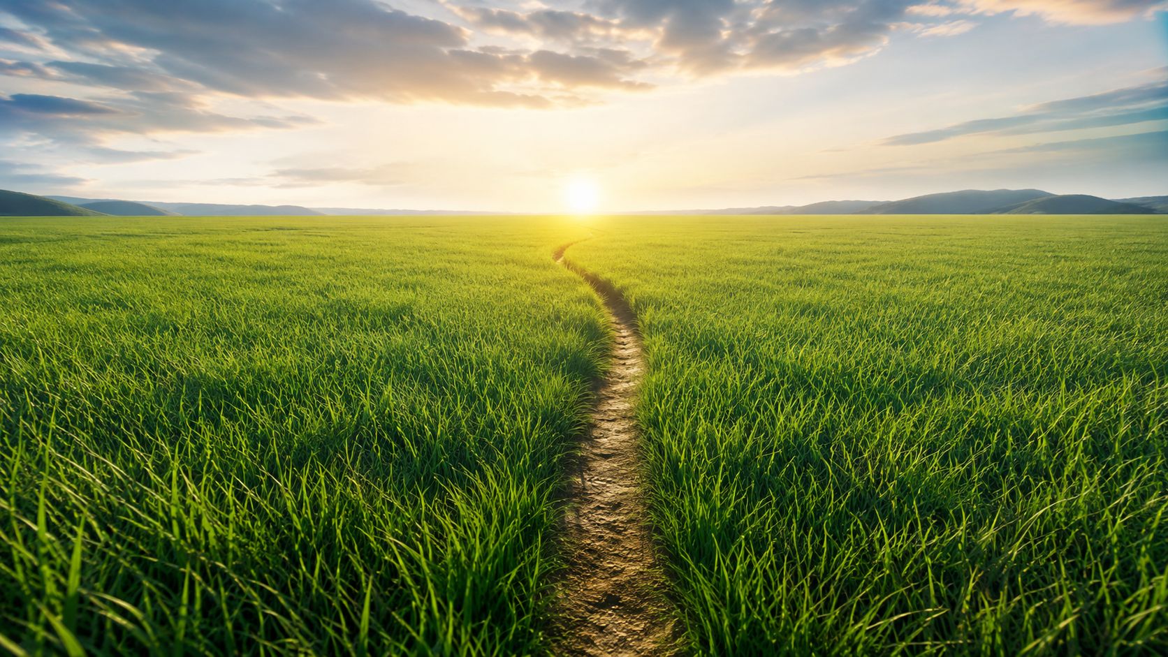 A dirt path cuts through a vibrant green grassy field leading towards the setting sun.
