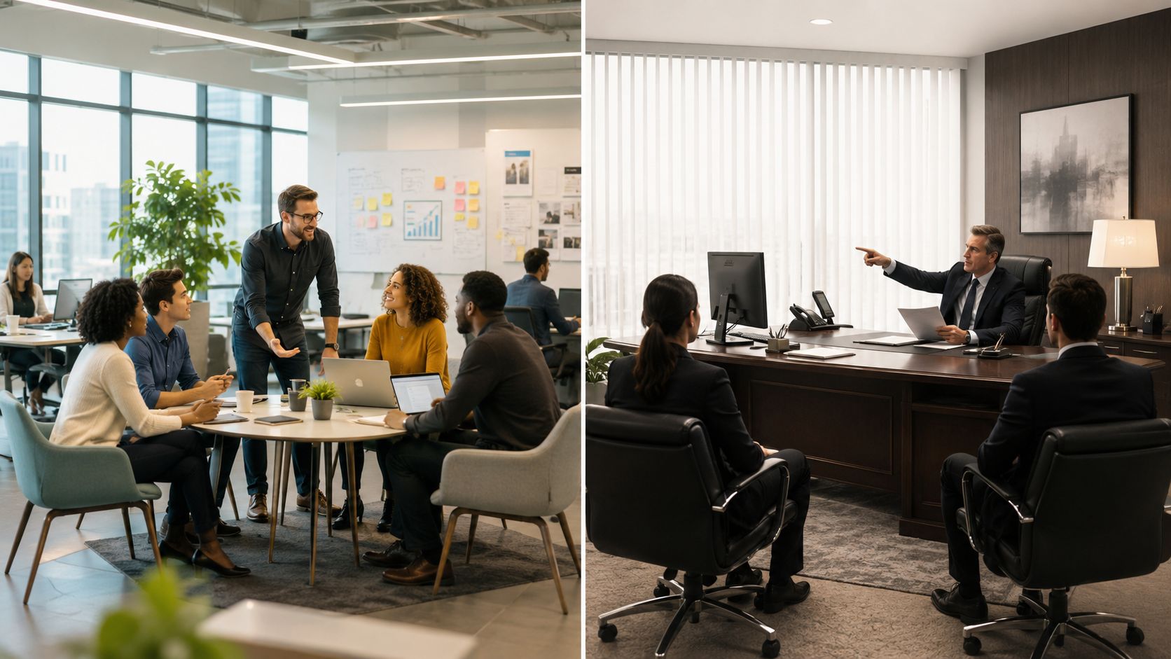 A split screen image showing collaborative office teamwork and professional corporate leadership in a formal boardroom meeting.