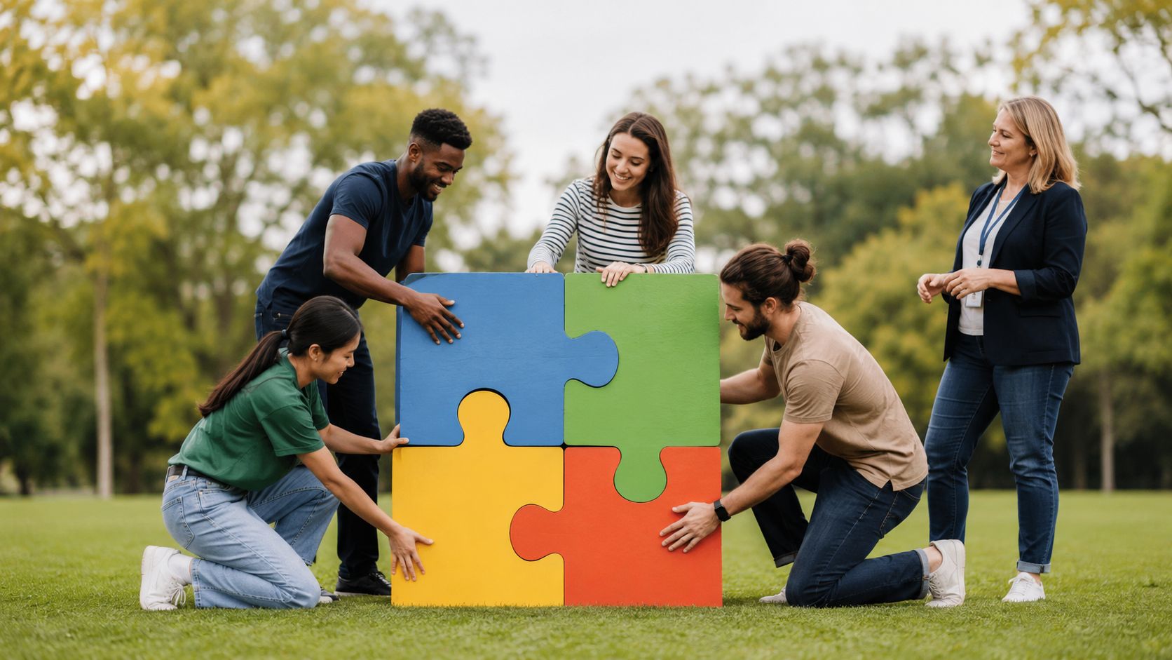 A diverse group of five people connecting four colorful giant puzzle pieces together in a park.
