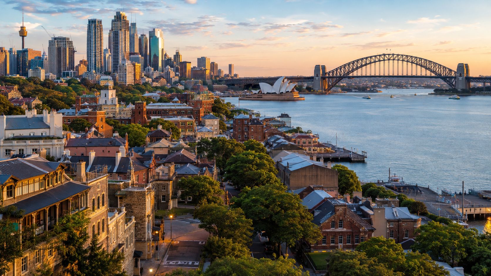 A scenic view of the Sydney Opera House and Harbour Bridge at sunset with city skyscrapers.