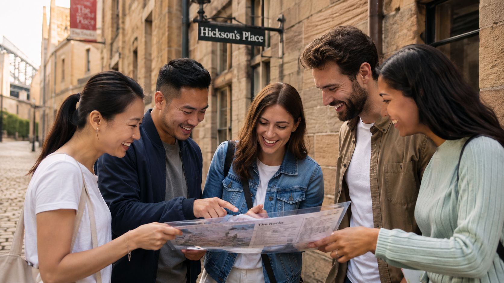 A diverse group of friends smiling while looking at a tourist map in The Rocks, Sydney.