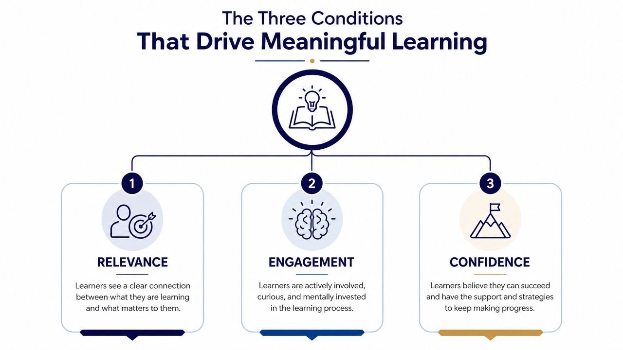 An infographic titled The Three Conditions That Drive Meaningful Learning, highlighting Relevance, Engagement, and Confidence as key factors.
