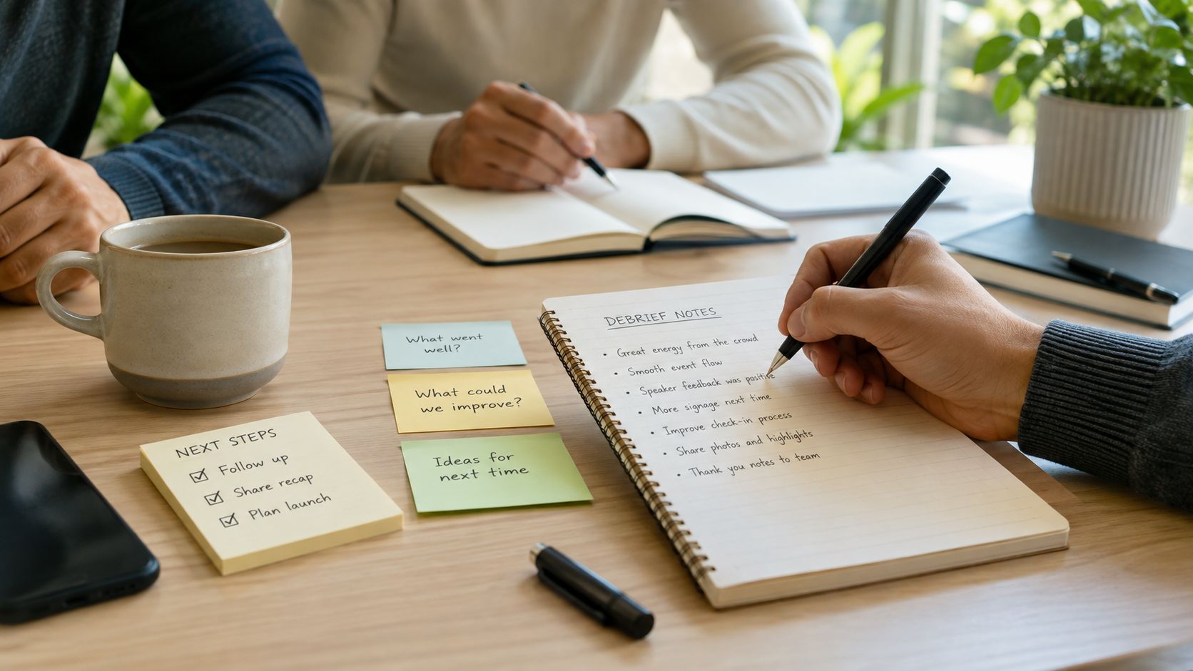 A collaborative team meeting during an event planning session with debrief notes and next steps listed.