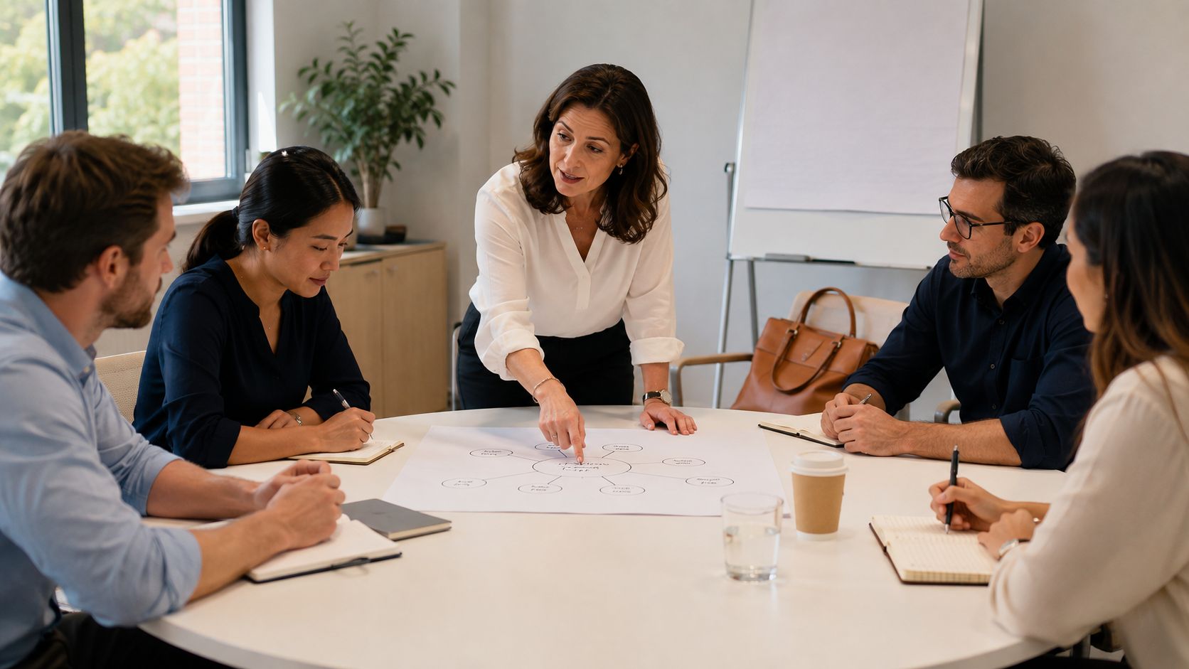 A professional business team collaborating on an event planning strategy around a circular table in an office.