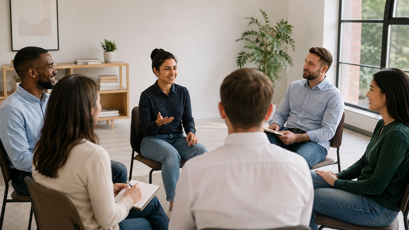 A diverse group of professional colleagues participating in an interactive workshop session while seated in a circle.