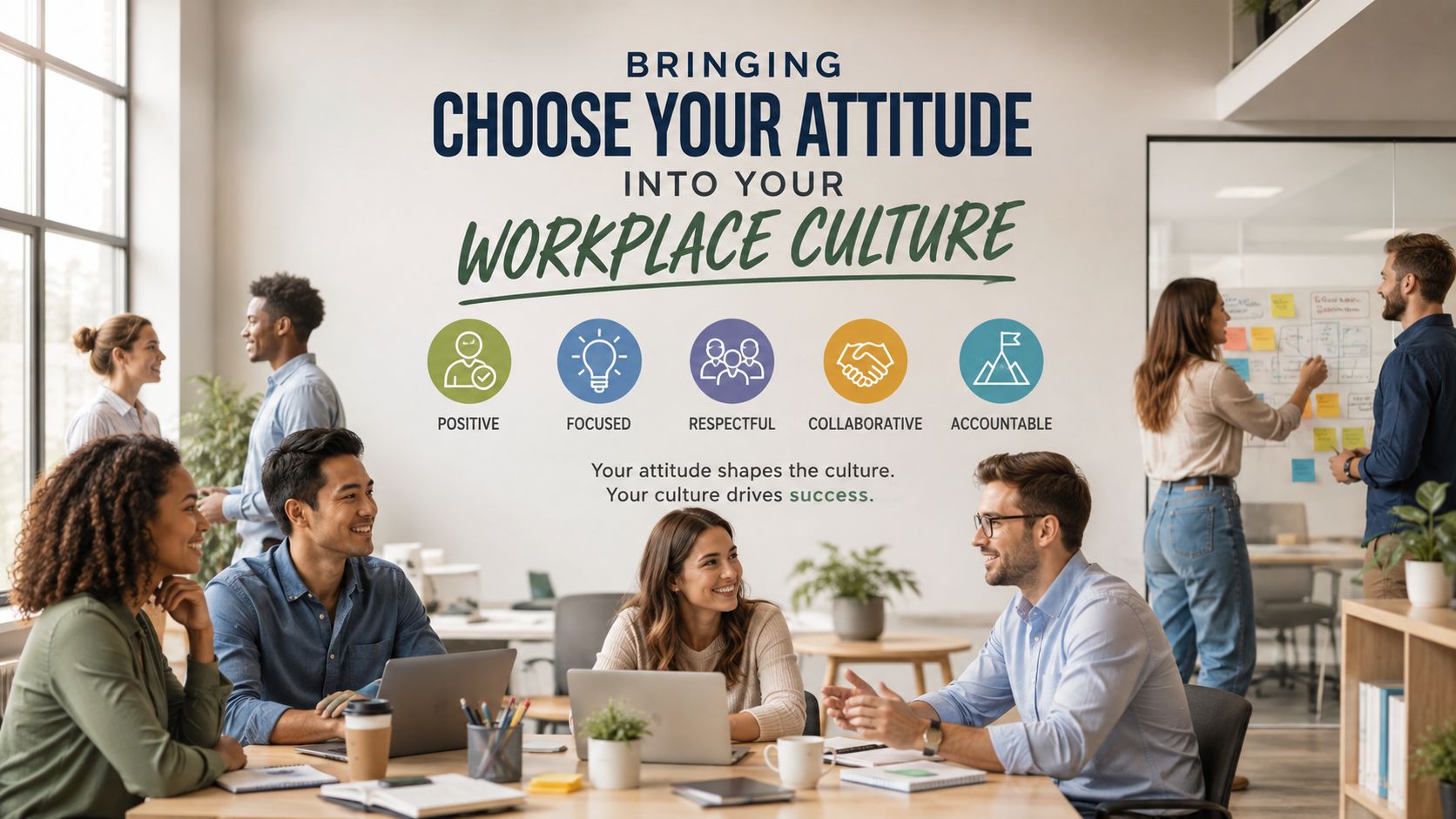 A diverse group of professionals collaborating in a modern office with icons representing workplace culture values.