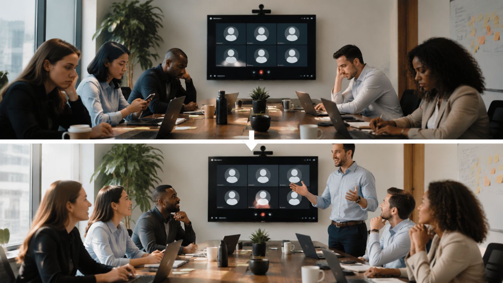 A split screen comparing a disengaged group meeting with an energetic, collaborative office meeting session.