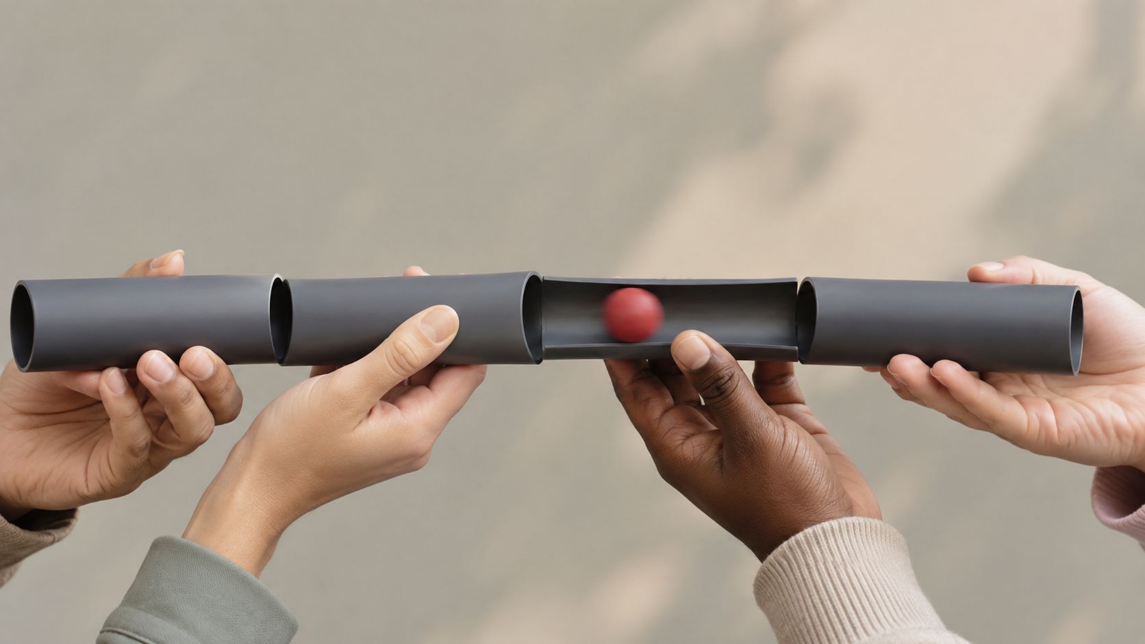 A diverse group of people working together to move a ball through interconnected plastic tube segments.
