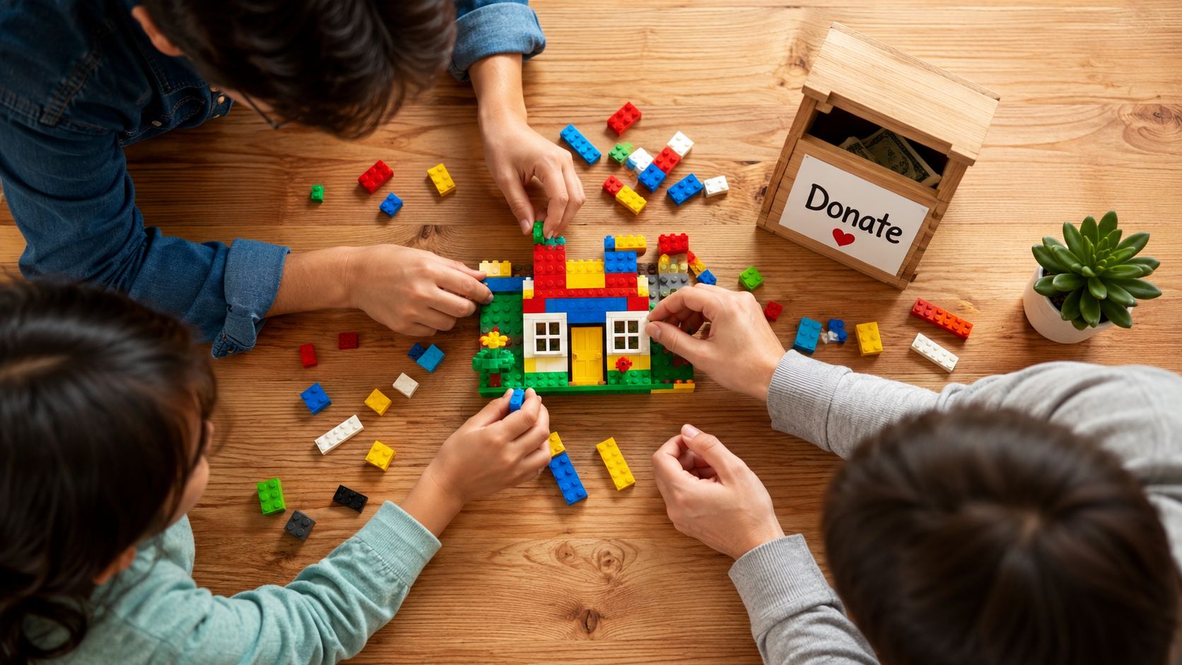 A diverse group of people building a colorful Lego house together on a wooden table near a donation box.