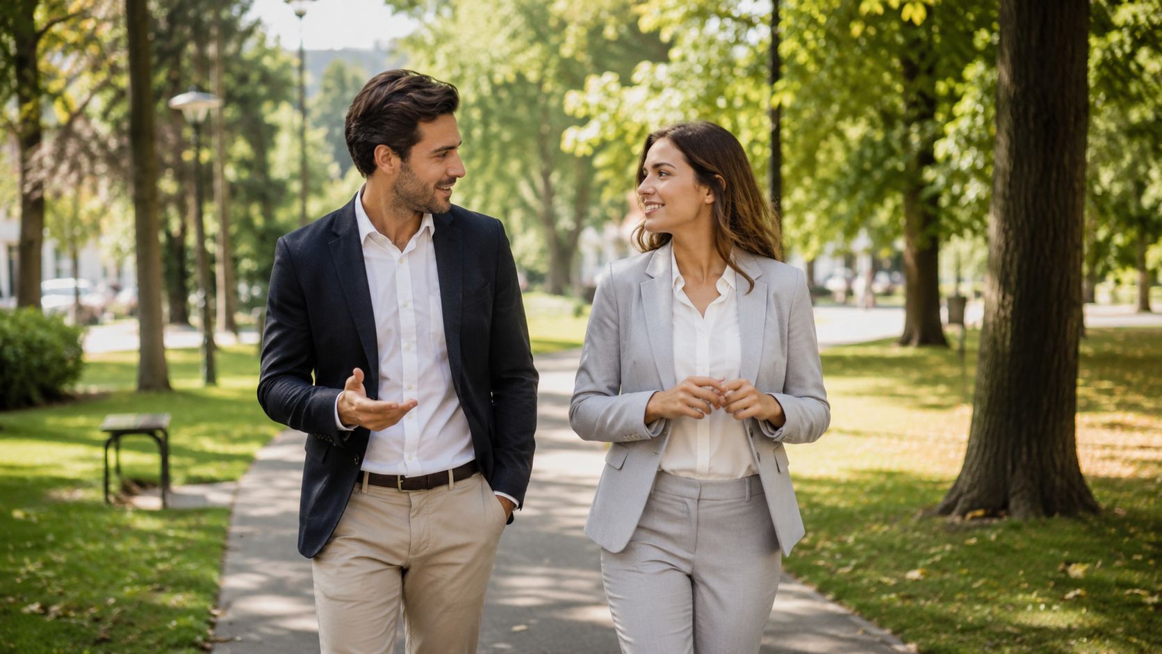 A professional man and woman in business attire having a pleasant conversation while walking in a park.