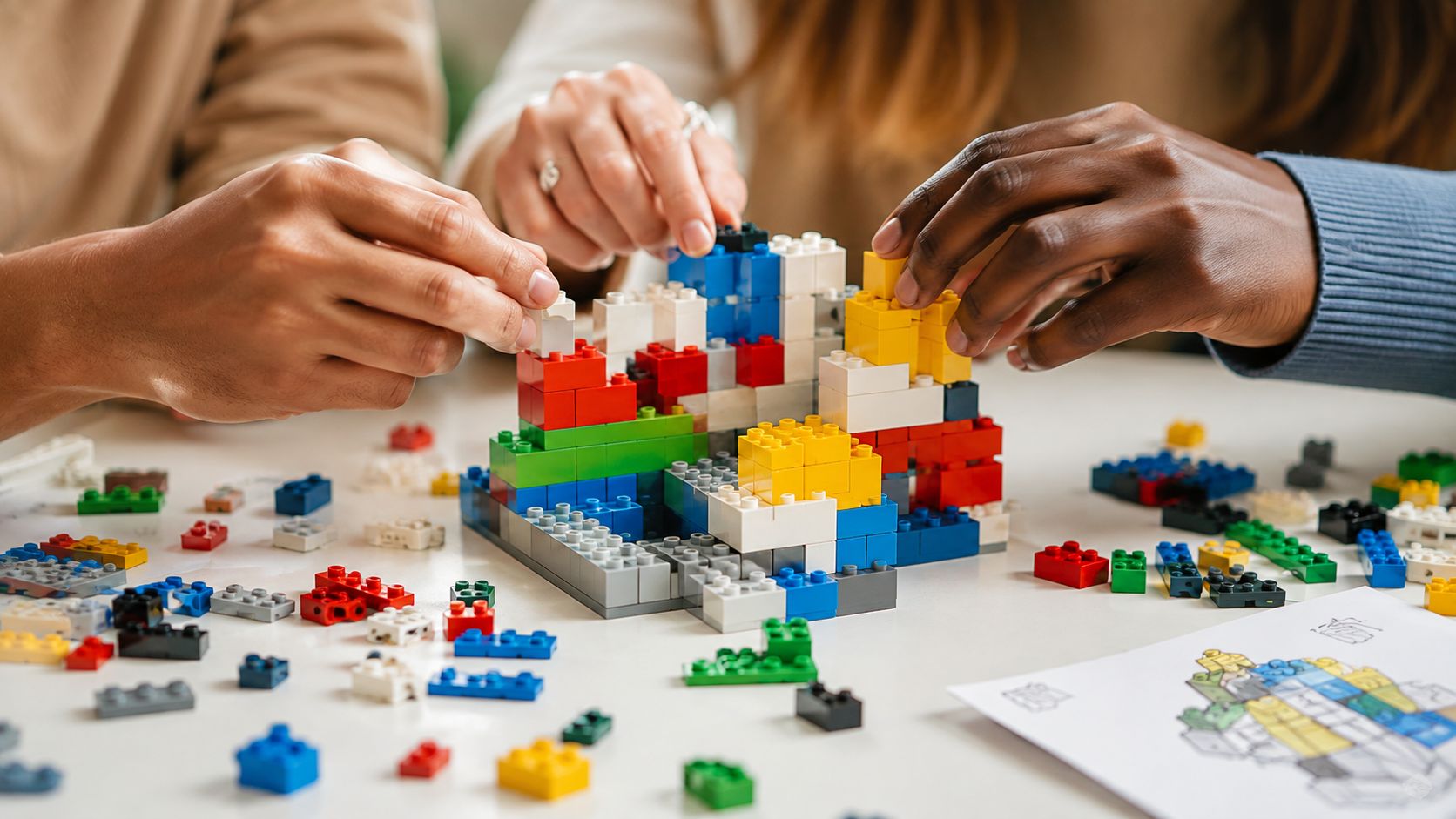 Close-up of a diverse group of people collaborating to build a complex structure using colorful Lego bricks.