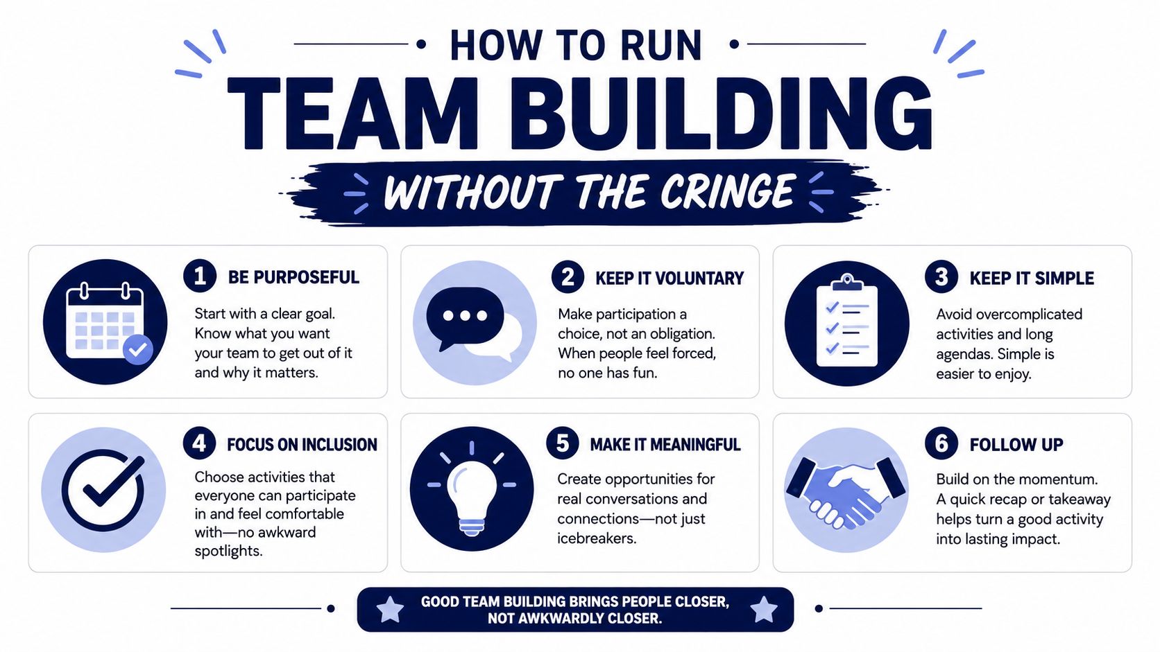 An infographic titled How to Run Team Building Without the Cringe, listing six tips for better activities.