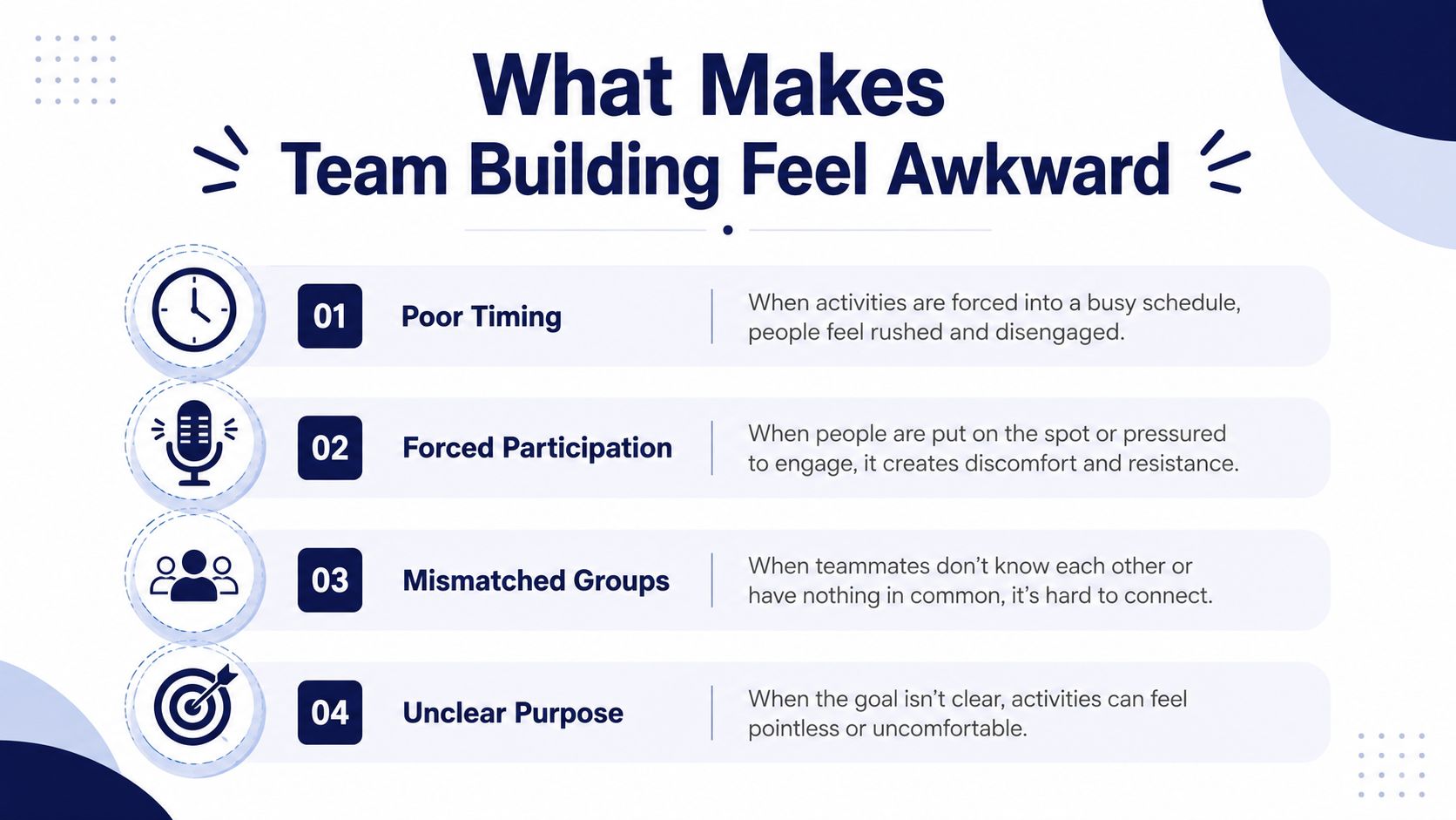 A list graphic titled What Makes Team Building Feel Awkward, highlighting four common causes of discomfort.