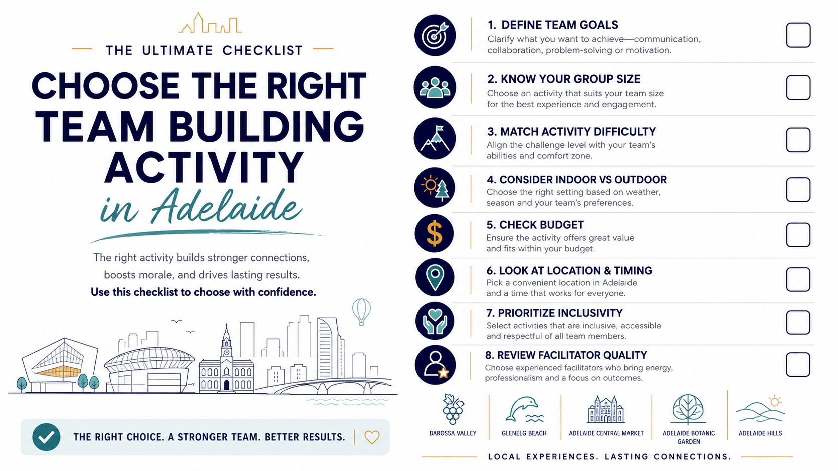 A checklist for choosing team building activities in Adelaide featuring steps to plan a corporate group event.