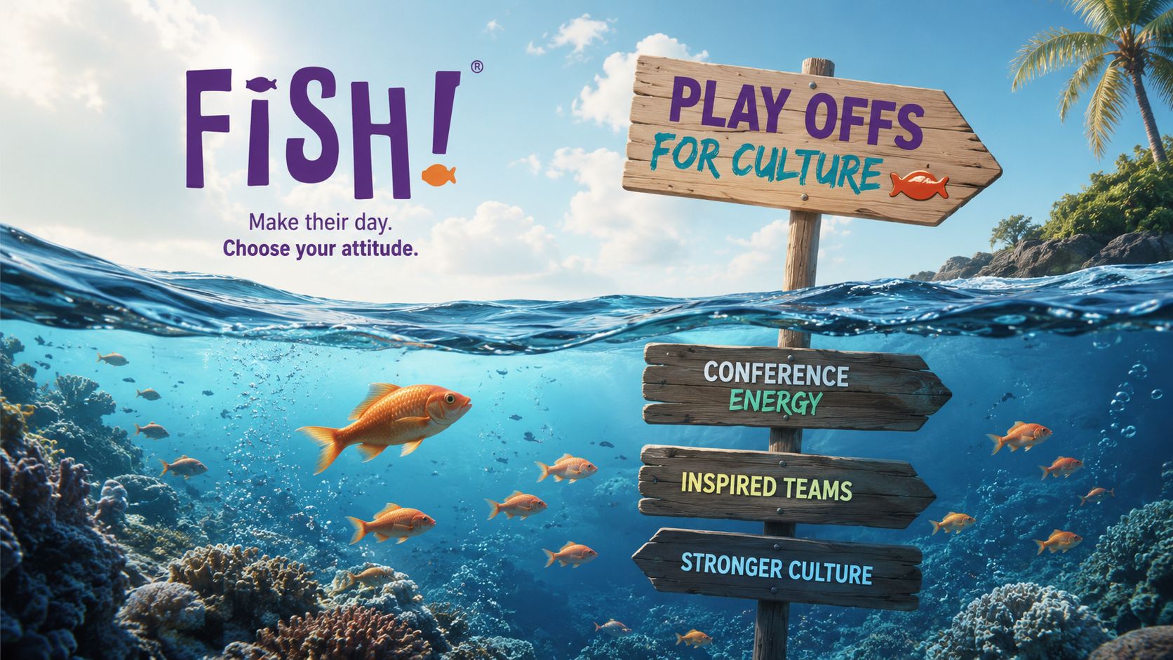 A creative underwater advertisement for FISH! philosophy featuring tropical fish and wooden signs with team-building slogans.