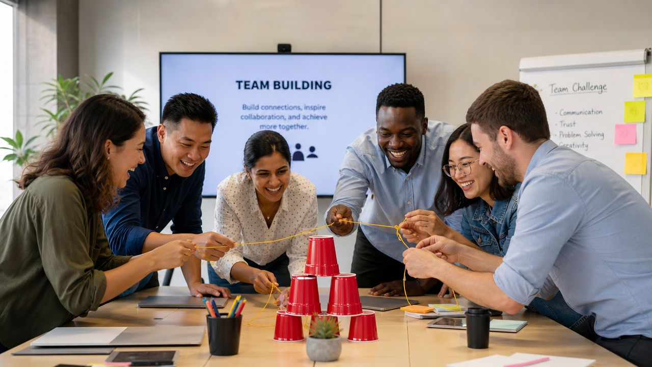 A diverse group of colleagues collaborating on a team building exercise involving red cups and strings.