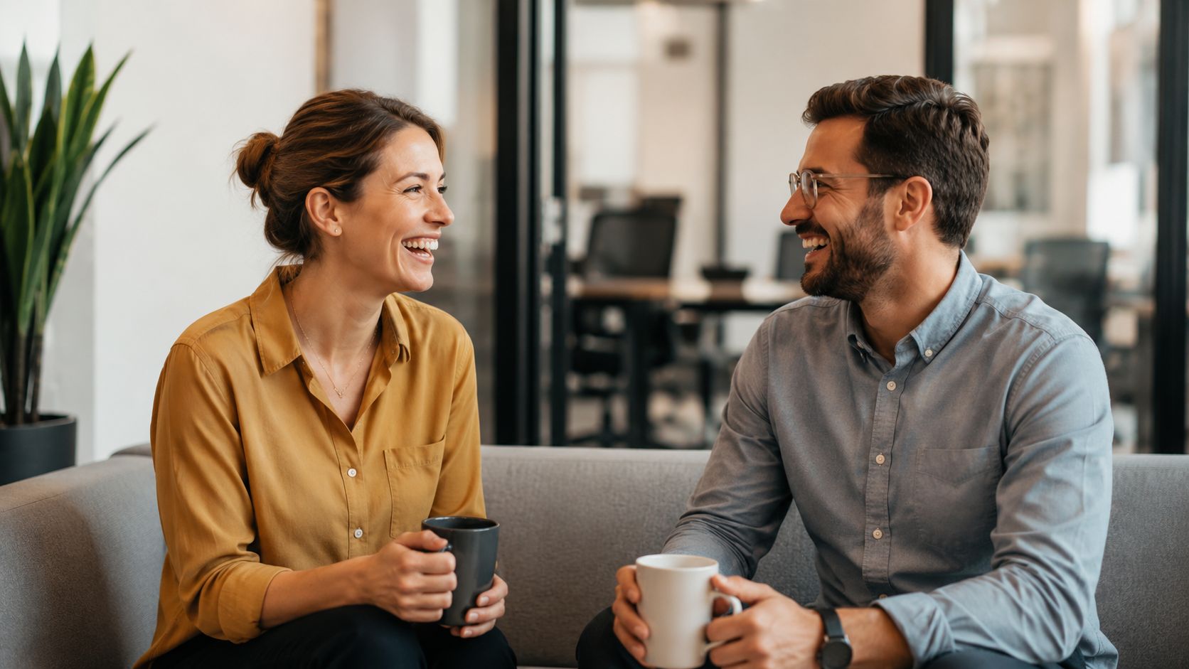 Two professional colleagues laughing while having a casual conversation and drinking coffee in a modern office.