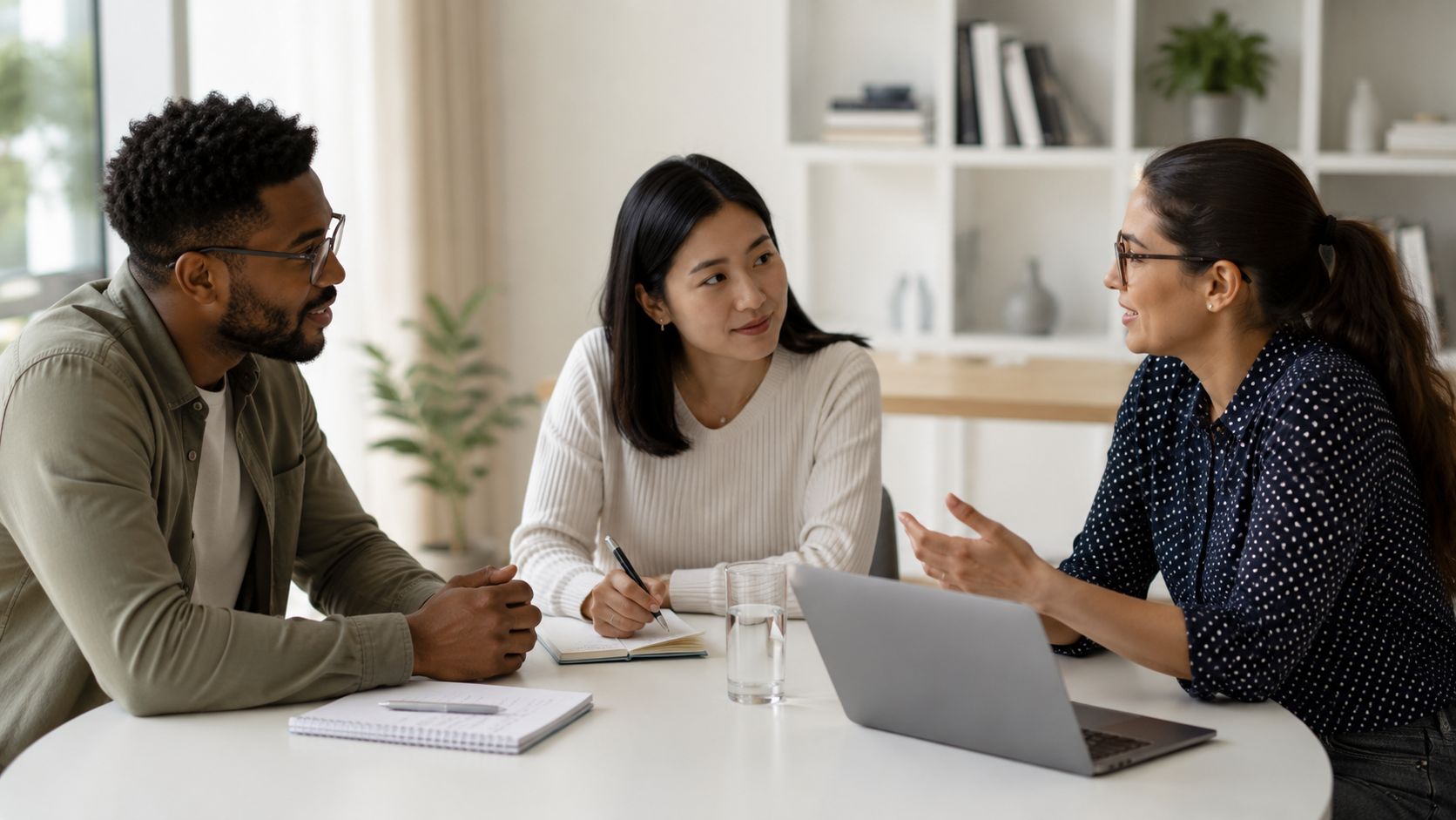 A diverse team of three professional colleagues collaborating and discussing work around a table in an office.