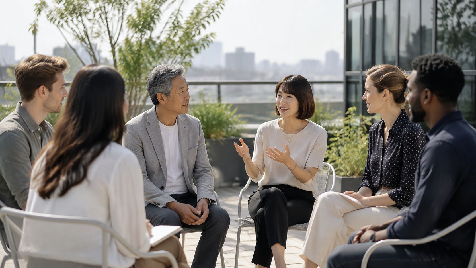 A diverse group of colleagues discussing teamwork statistics while sitting in a circle on an outdoor rooftop terrace.