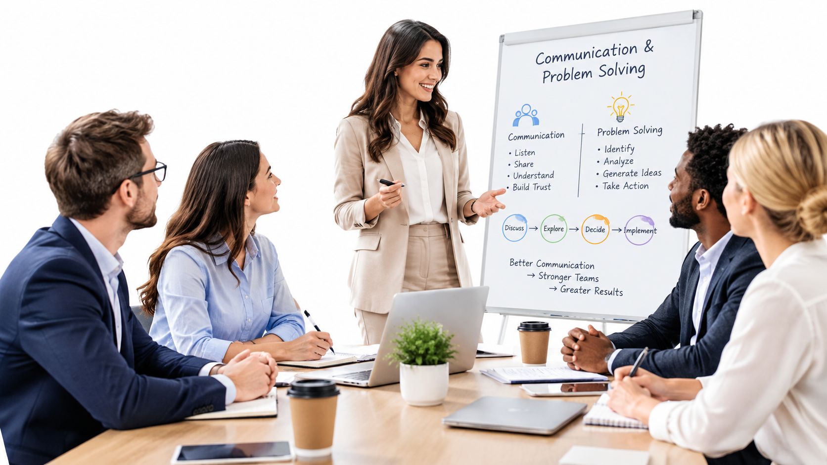 A professional woman presenting business strategies on a whiteboard to a diverse team in a meeting room.