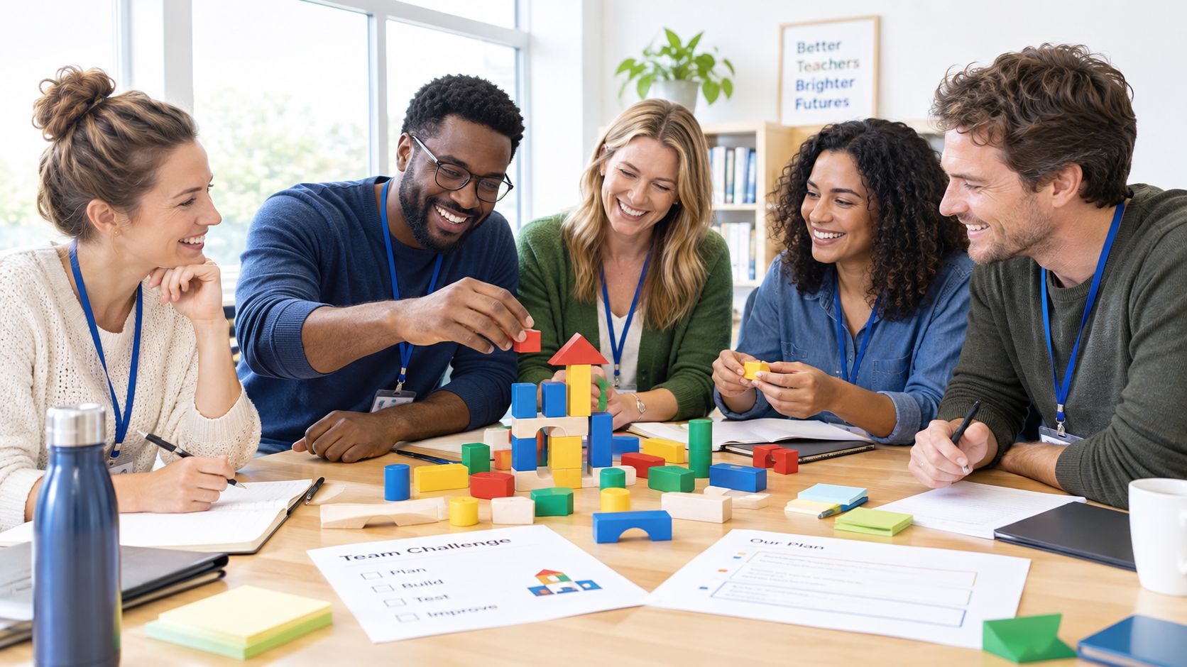 A diverse group of teachers collaborating on a block-building challenge during a professional development workshop.