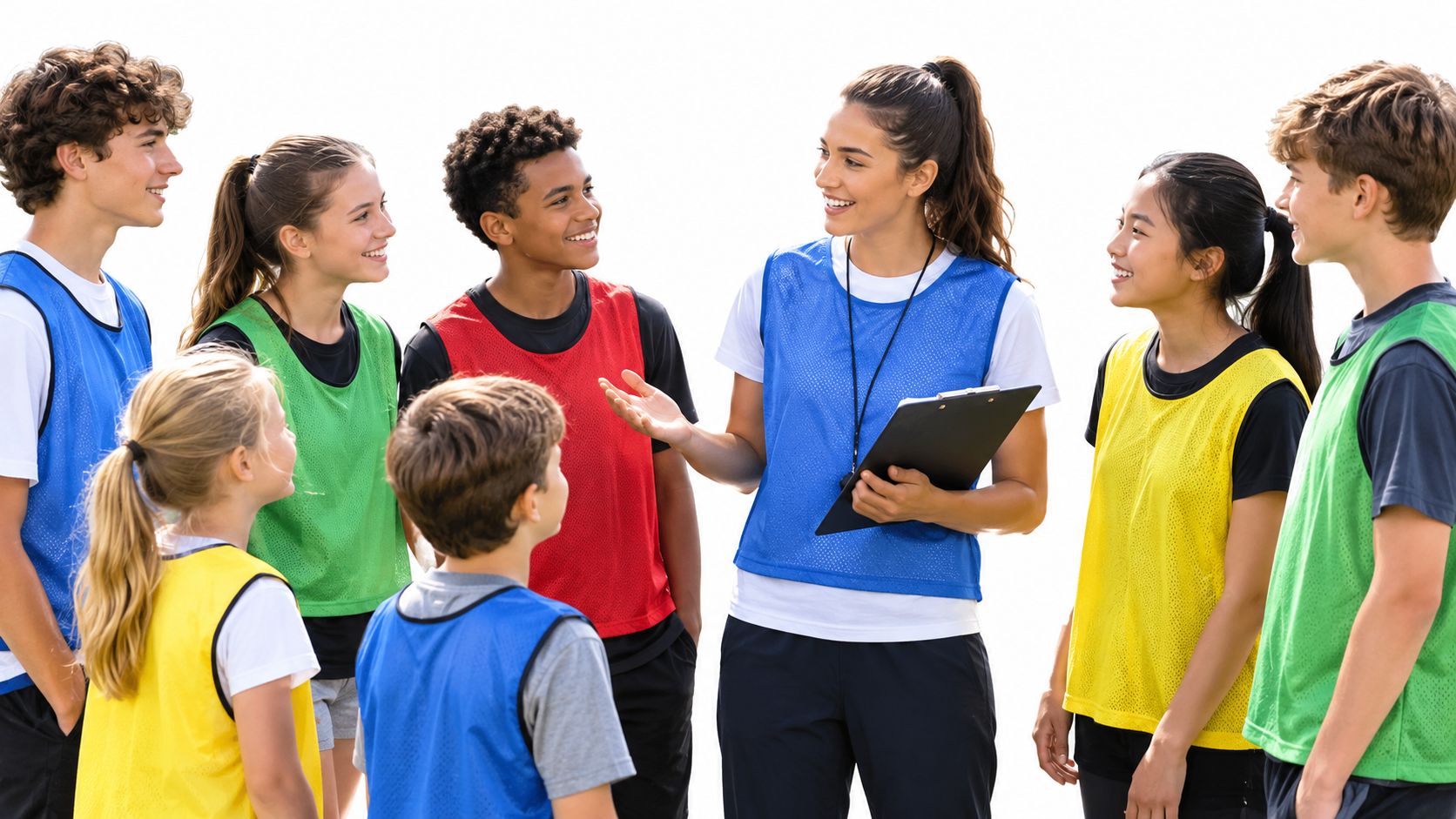 A friendly coach talking to a group of young students wearing colorful sports vests during training.