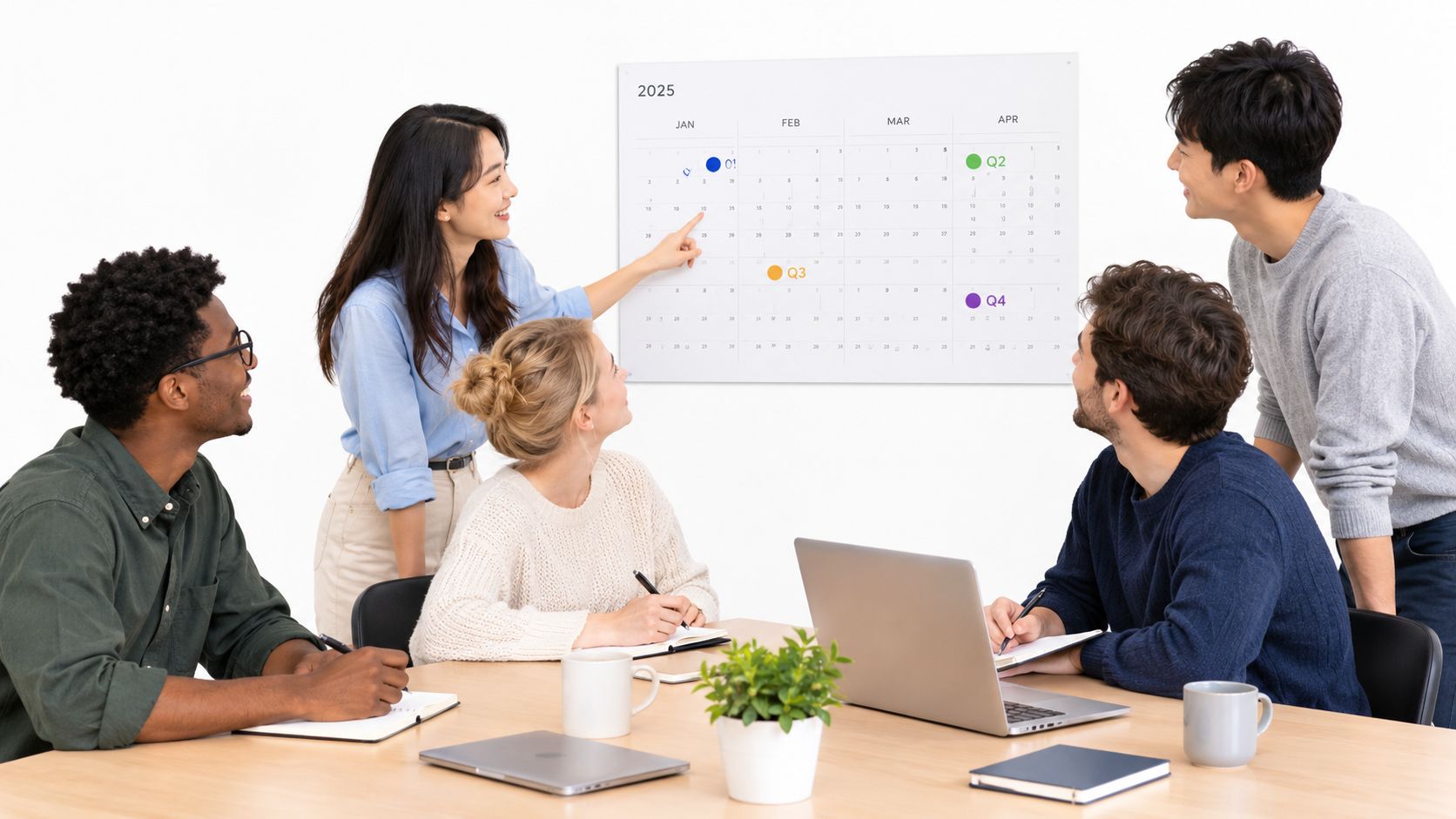 A diverse group of professionals collaborates in a bright office while reviewing a 2025 calendar together.