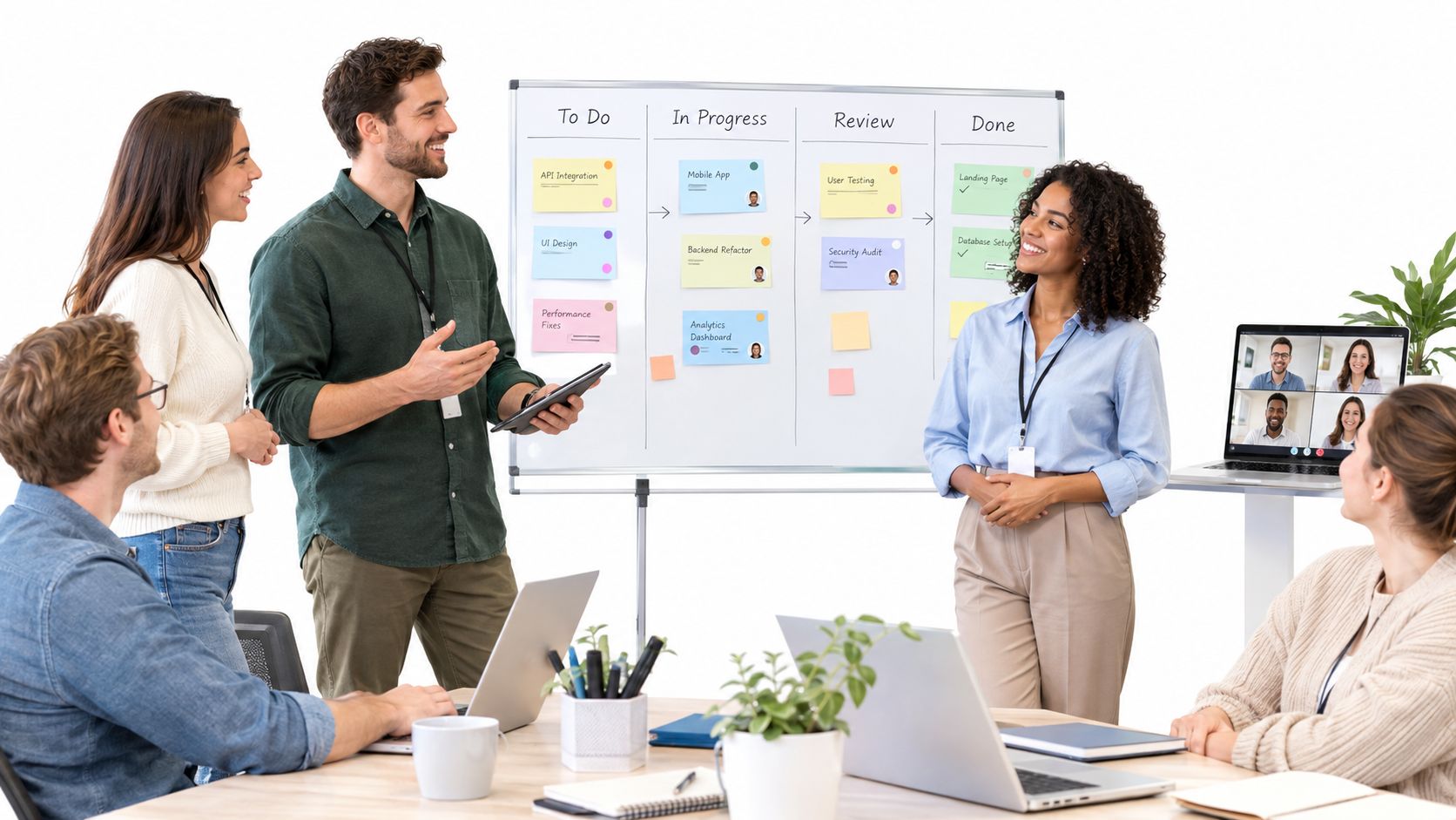 A diverse team collaborating in a modern office space during a project planning and brainstorming session.