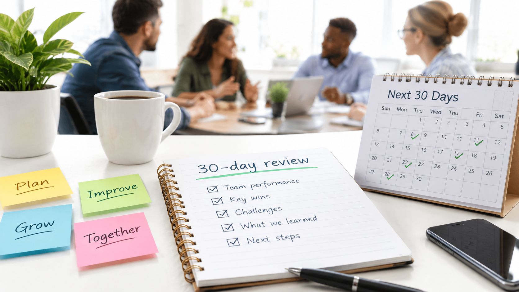 A professional desk workspace featuring a calendar, a checklist for a 30-day team review, and sticky notes.