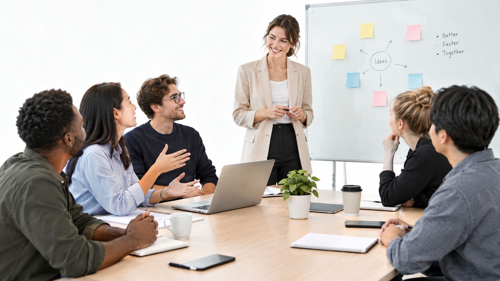 A diverse team of professionals actively discussing and collaborating during a business meeting in a modern office.