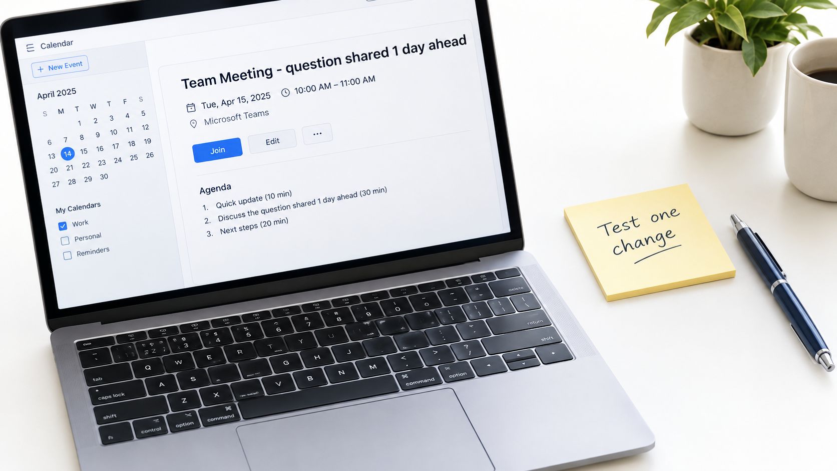 A laptop showing a team meeting schedule on a calendar next to a sticky note and pen.